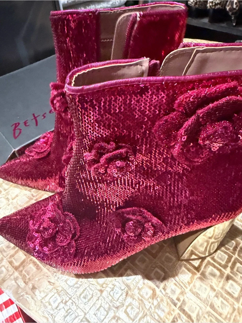 Betsey Johnson Deep Pink Velvet Sequin Floral Ankle Boots